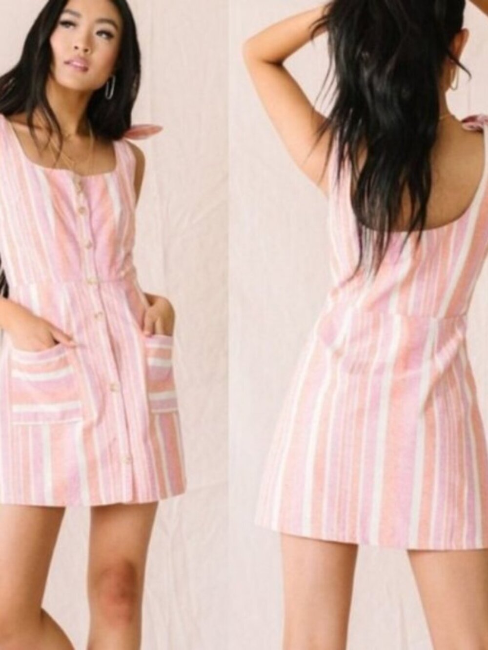 Luca and Grae Pink White Stripe Linen Tie-Shoulder Button front Mini Dress Small